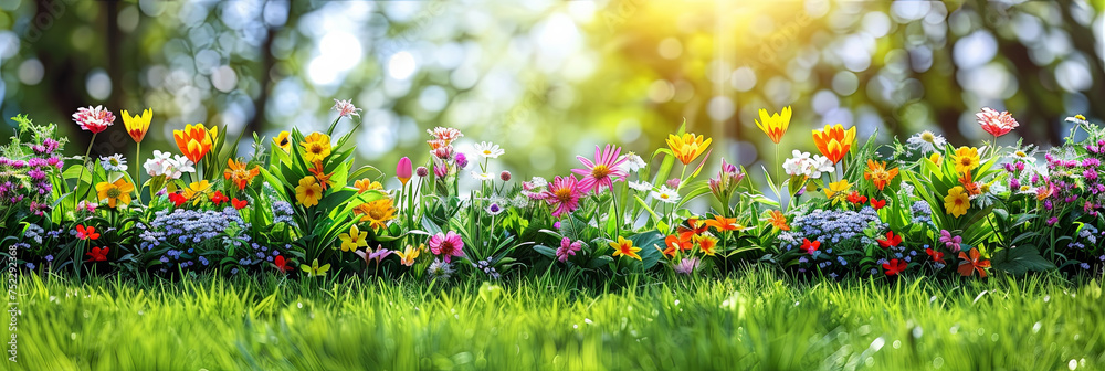 Canvas Prints A vibrant  flowers gracing the lush green grass, swaying gently in the breeze under the open sky