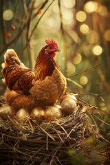 A Chicken Laying Golden Eggs Amidst a Whimsical Setting