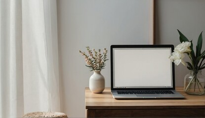 laptop on the table and vase interior image 
