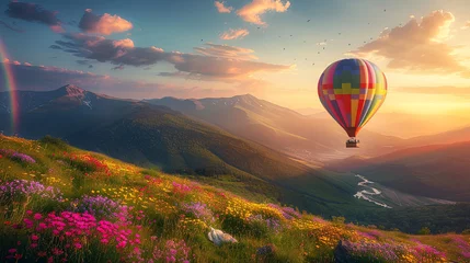 Foto auf Acrylglas A colorful hot air balloon gracefully soars above a lush green hillside, amidst clear blue skies, showcasing a serene and picturesque scene © nnattalli