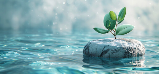 a plant growing on a rock in water