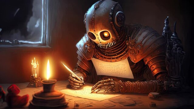 robot seamlessly composing a letter using Artificial Intelligence. Involves employing algorithms and machine learning to analyze language patterns, resulting in creation of a creatively crafted text.