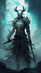 Fototapeta premium A theme in the style of anime featuring a samurai wearing a skull with horn mask, holding a sword, skeleton armor, foggy background, crafted with artificial intelligence technology (AI).