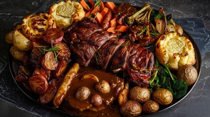 Hearty Roasted Meat Feast with Golden Potatoes and Veggies
