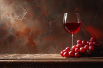 Fotobehang Elegantly presented glass of red wine accompanied by a bunch of ripe grapes on a textured, dark background © Vladan