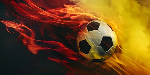 Burning soccer ball in the flames on black,red,yellow, german flag colors background. Concept of 2024 UEFA European Football Championship in Germany wide banner with copy space.