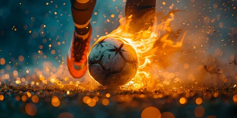 Fototapeta premium Close up of football or soccer player legs, running fast and kicking a burning ball in the flames. Concept of 2024 UEFA European Football Championship in Germany wide banner with copy space.