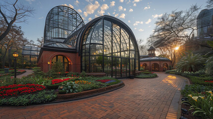 A grand building adorned with an array of colorful flowers blooming in the windows