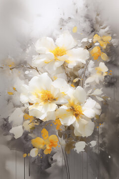 the painting features yellow and white flowers, in the style of delicate watercolor