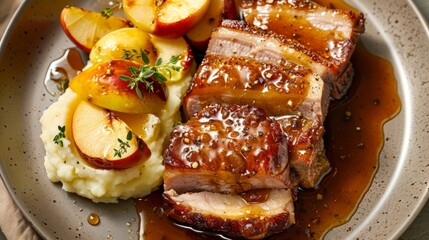 Savory Pork Belly Infused with Cider and Served with Apples.