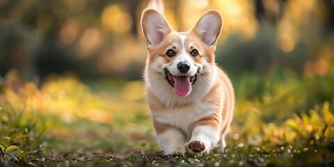 A playful corgi pup frolics in the foreground, its tongue lolling out in a happy grin, embodying pure joy and exuberance.