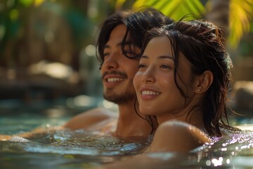 Obraz premium Asian couple togetherness happy time in swimming pool at night time, Generative Ai