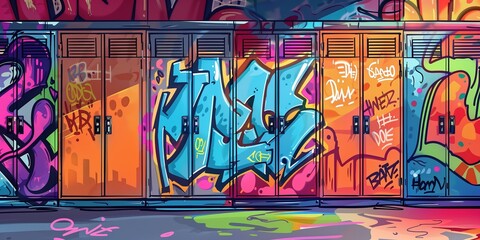 school locker painted in graffiti style, grungy and messy, abstract background with bright color, Generative Ai
