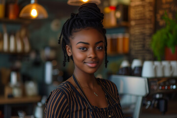 Beautiful Smiling female Barista in black apron looking ready and confident. Young girl employee open Coffee shop, Bakery Greeting customers. Sales Woman running store