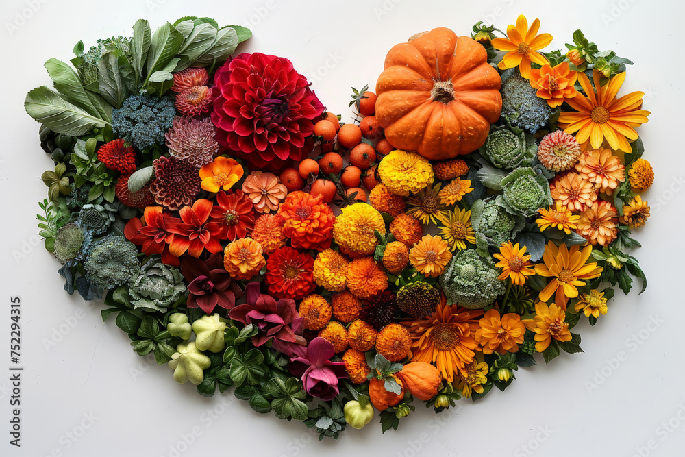 Poster a heart-shaped arrangement featuring a blend of vibrant flowers and various sizes of pumpkins, creat
