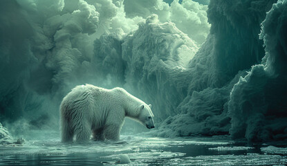a polar bear in water with ice and clouds - obrazy, fototapety, plakaty