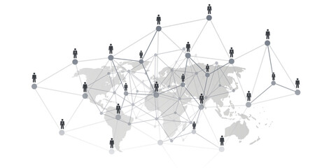 Black and White Networks, Business or Social Media Connections Concept Design with World Map and Polygonal Mesh on Isolated White Background - Business Men Figures Connected with Polygonal Mesh - 752294329