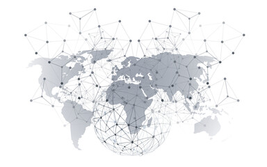 Black and White Global Networks Concept with World Map and Wire Frame - Digital Polygonal Network Connections, Science and Technology Background, Creative Design Template Isolated on White Background