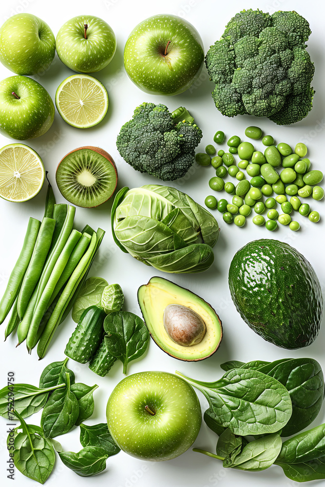 Poster a white table is covered with an array of fresh green fruits and vegetables, showcasing a bountiful 