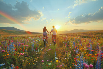 A man and a woman joyfully ride bicycles through a vast field filled with colorful flowers, creating a beautiful and serene scene amidst natures beauty - obrazy, fototapety, plakaty