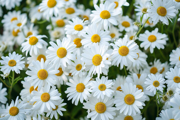 Fototapeta premium A close up of a dense cluster of white daisy flowers, symbolizing simplicity and innocence. Ideal for springtime promotions and floral backgrounds