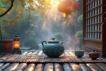 Chinese Ceremony. Brown ceramic pot and brown cup .Green tea on bamboo mat, aged wooden table. Japanese Tea - Hot Teapot And Teacups On Bamboo Mat - obrazy, fototapety, plakaty