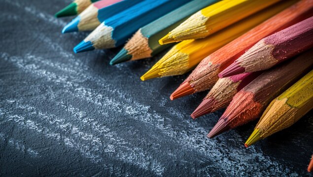 A vibrant array of colored pencils lies in a neat row against a dark, textured backdrop, suggesting creativity and art