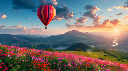A majestic hot air balloon floats gracefully over a vibrant green hillside, casting a colorful...