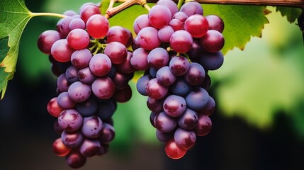 Close up of ripe grapes hanging on a vine branch with a vineyard in the background