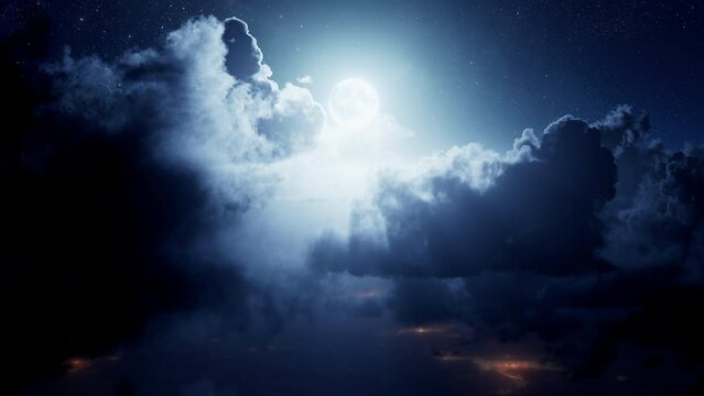 An endless flight through the clouds against the moon at night. Realistic 3d animation. Loop.