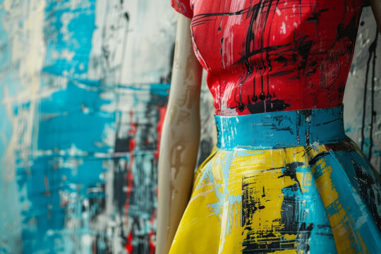 A mannequin stands elegantly dressed in a vibrant, colorful dress. The dress showcases a kaleidoscope of hues and patterns, exuding an aura of joy and elegance