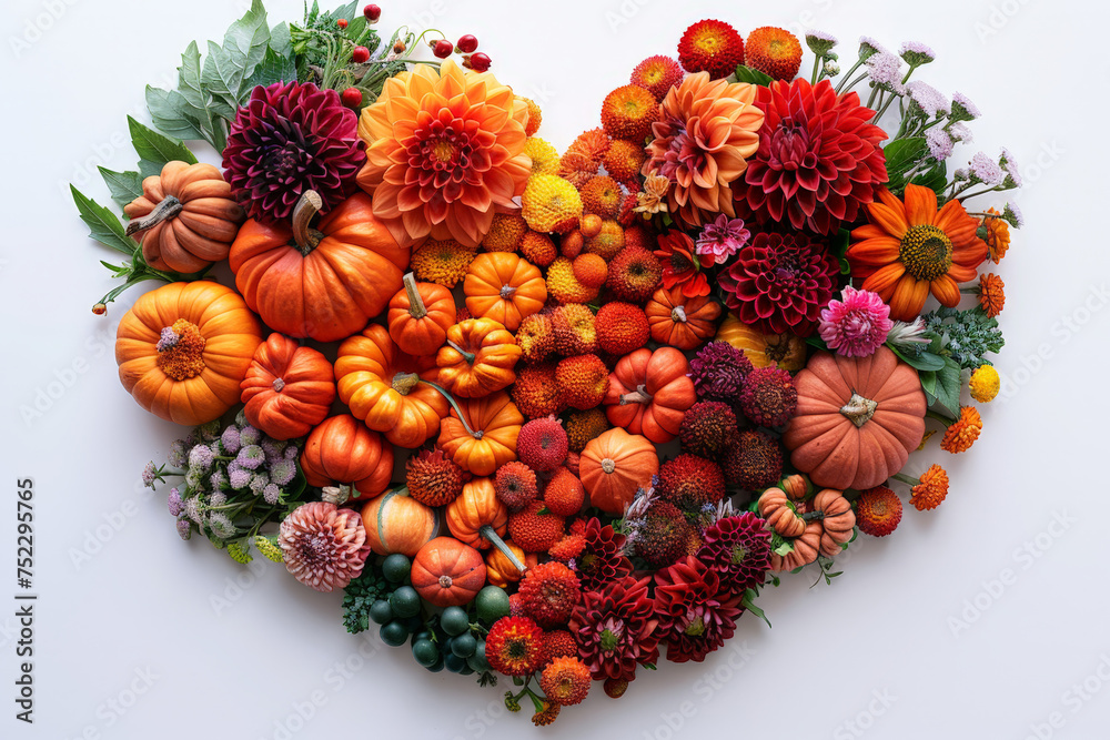 Poster a heart-shaped display of vibrant flowers intertwined with pumpkins, creating a harmonious and whims