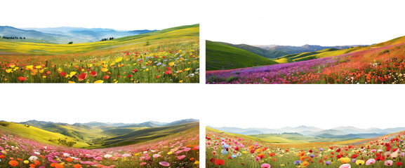 Set of wildflower meadows: Lush hills adorned with vivid blossoms, cut out