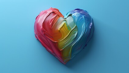 A heart shape made from sweeping strokes of bright colors presented on a calm blue backdrop,...