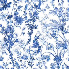 Toile De Jouy Vintage Floral Seamless Pattern Elegant Vector Graphics.22 - 752296131