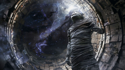 A mummy awakens in an abandoned space station stars twinkling through derelict portals