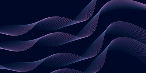 Dark abstract background with glowing wave. Shiny moving lines design element. Modern purple blue gradient flowing wave lines. Futuristic technology concept.