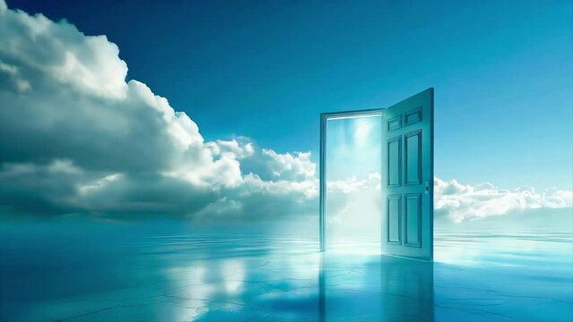  Open door in the sky with clouds. Open door to an opportunity. Heaven, heavenly door, knocking on the doors of heaven. Life after death, resurrection.
