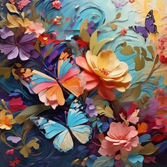 Abstract spring background, colorful flowers, butterflies, swirling patterns, vibrant hues capture essence of season