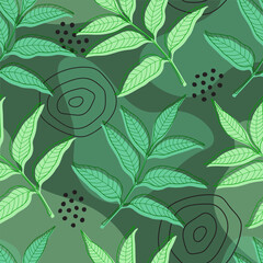 Spring vector seamless pattern with green leaf outlines, silhouettes, abstract shapes