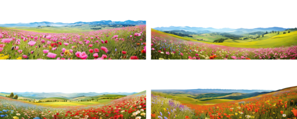 Set of wildflower meadows: Lush hills adorned with vivid blossoms, cut out