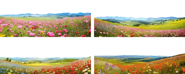 Poster de jardin Prairie, marais Set of wildflower meadows: Lush hills adorned with vivid blossoms, cut out  © Yeti Studio