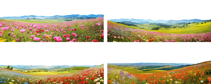 Set of wildflower meadows: Lush hills adorned with vivid blossoms, cut out