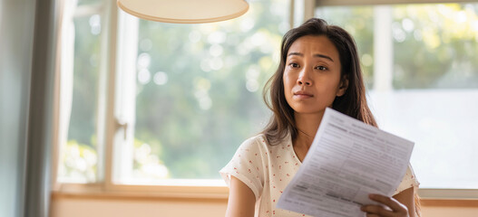 Lifestyle portrait of stressed Asian woman frowning at paperwork forms - obrazy, fototapety, plakaty