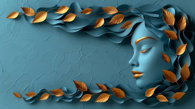 Serene Blue Female Relief with Golden Leaves