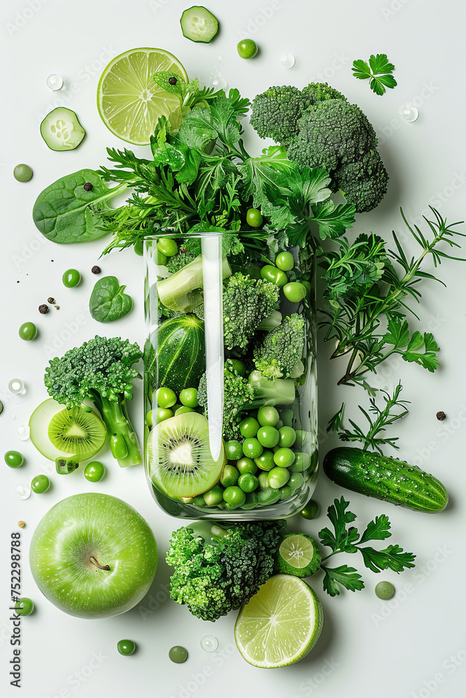 Poster a glass vase overflowing with a variety of fresh and vibrant green vegetables, creating a lush and i
