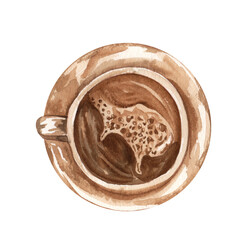 Isolated watercolor illustrated hot coffee in a brown cup from above top view.