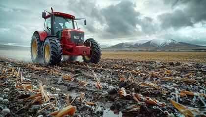 A powerful red tractor drives across a huge field under a dramatic stormy sky, ai technology - obrazy, fototapety, plakaty