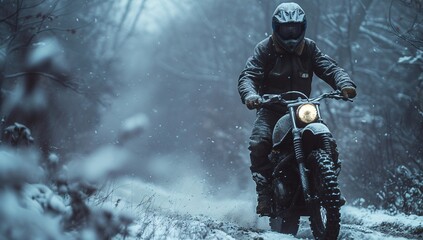 Fototapeta premium A rider tackles a snowy path through the forest on a motorbike, embodying endurance and the spirit of adventure