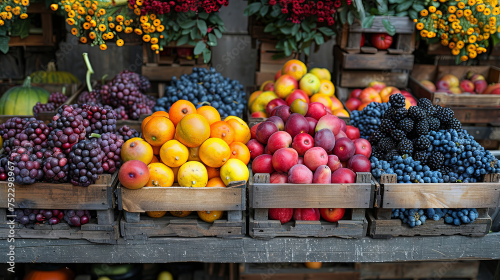 Poster various vibrant fruits showcased in rustic wooden crates, creating a colorful and wholesome arrangem